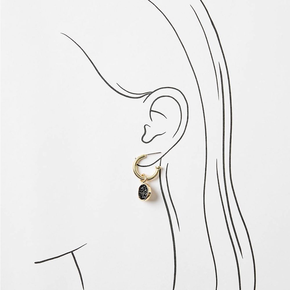 Gold Hoop Earrings- Black Druzy Charm